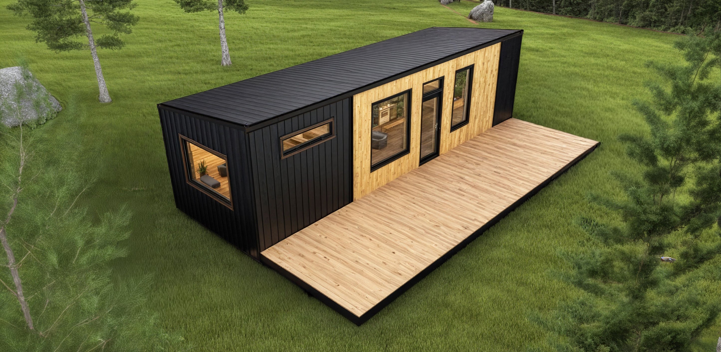 Modern prefabricated cabin by Elk Ridge Cabin Co set among trees and rock outcroppings.